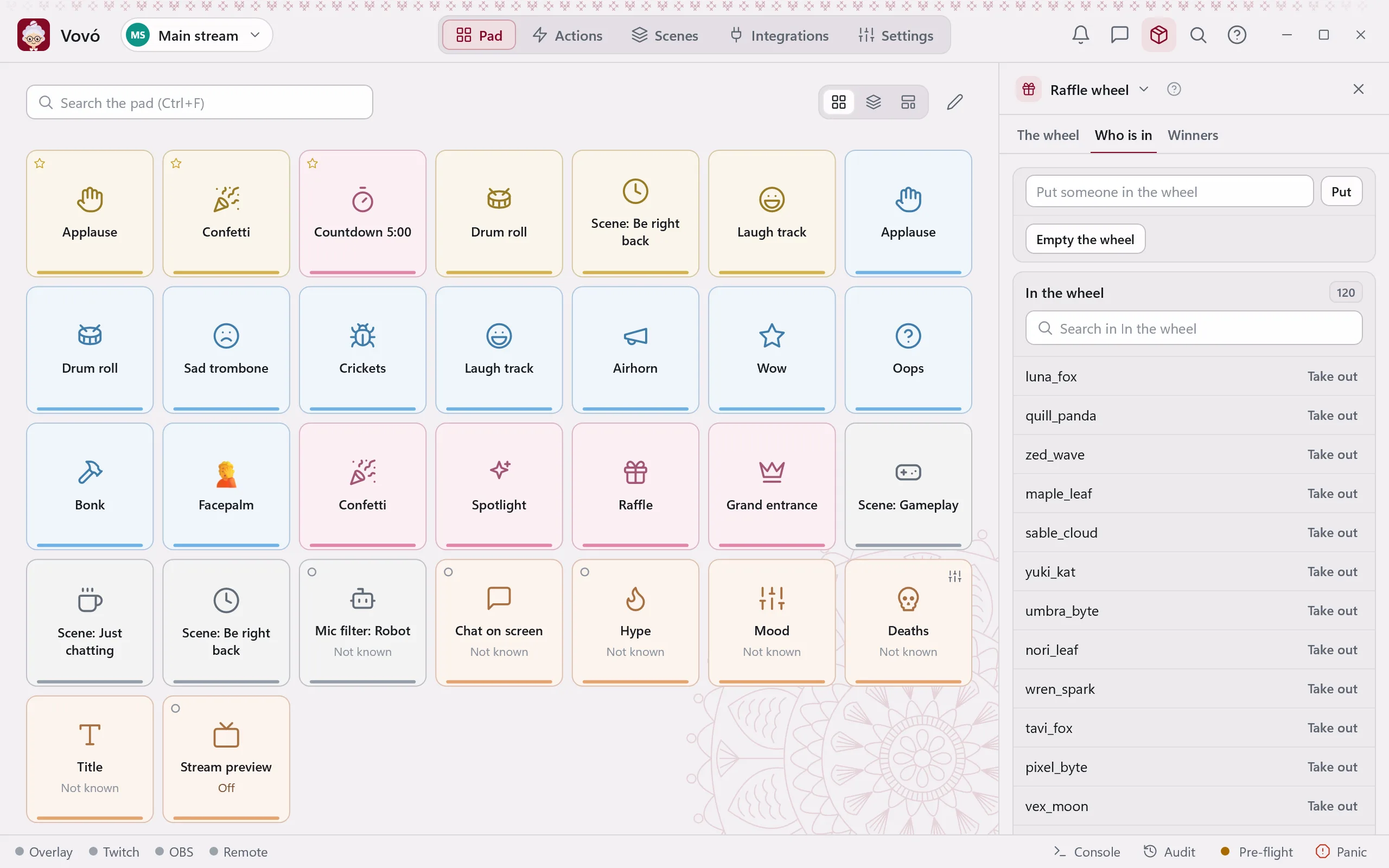 The extensions panel open on the raffle wheel: 120 names, a search and a button to take each one out.