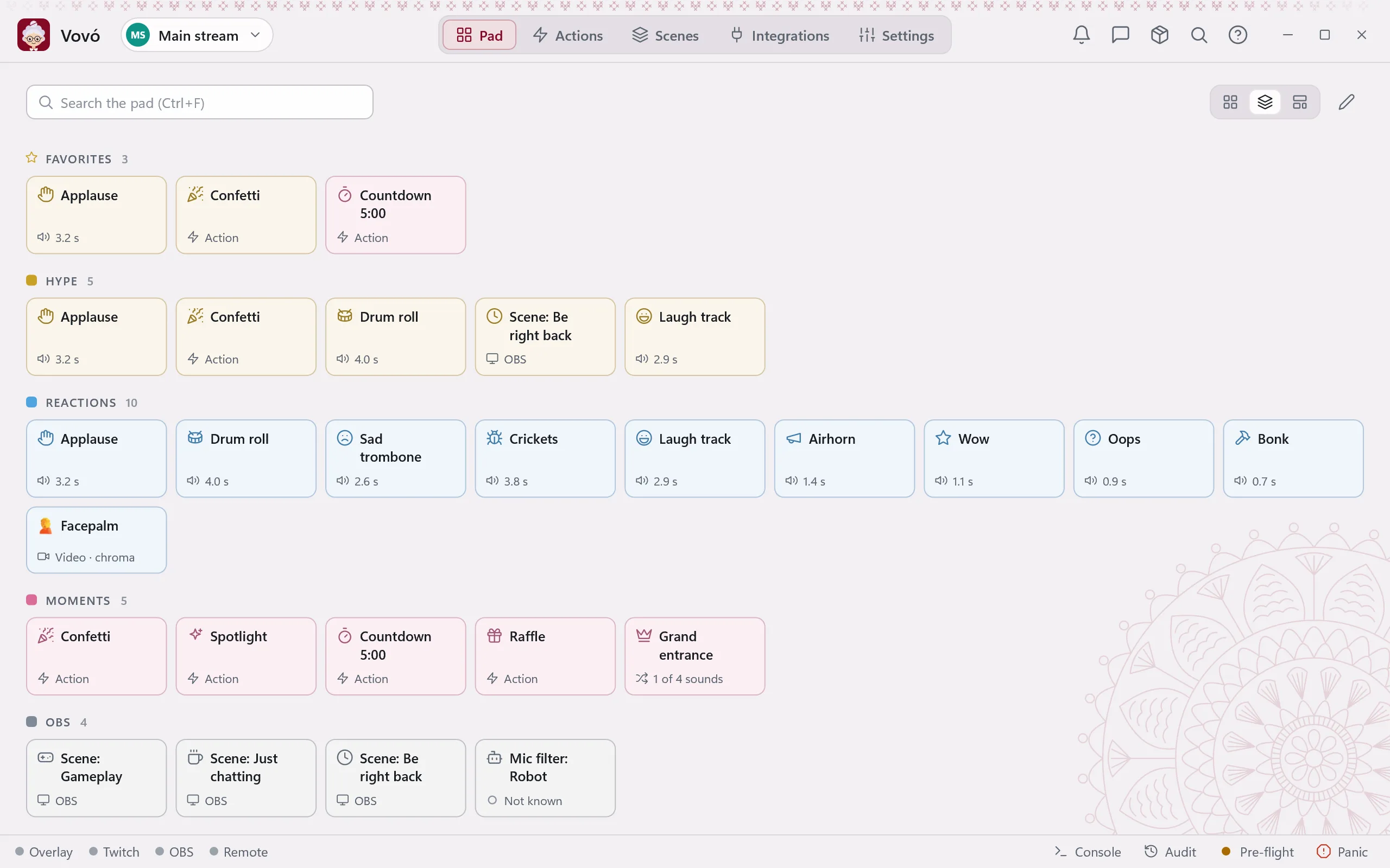 The pad by groups: favourites, party, reactions, moments and OBS, each button saying what it does.