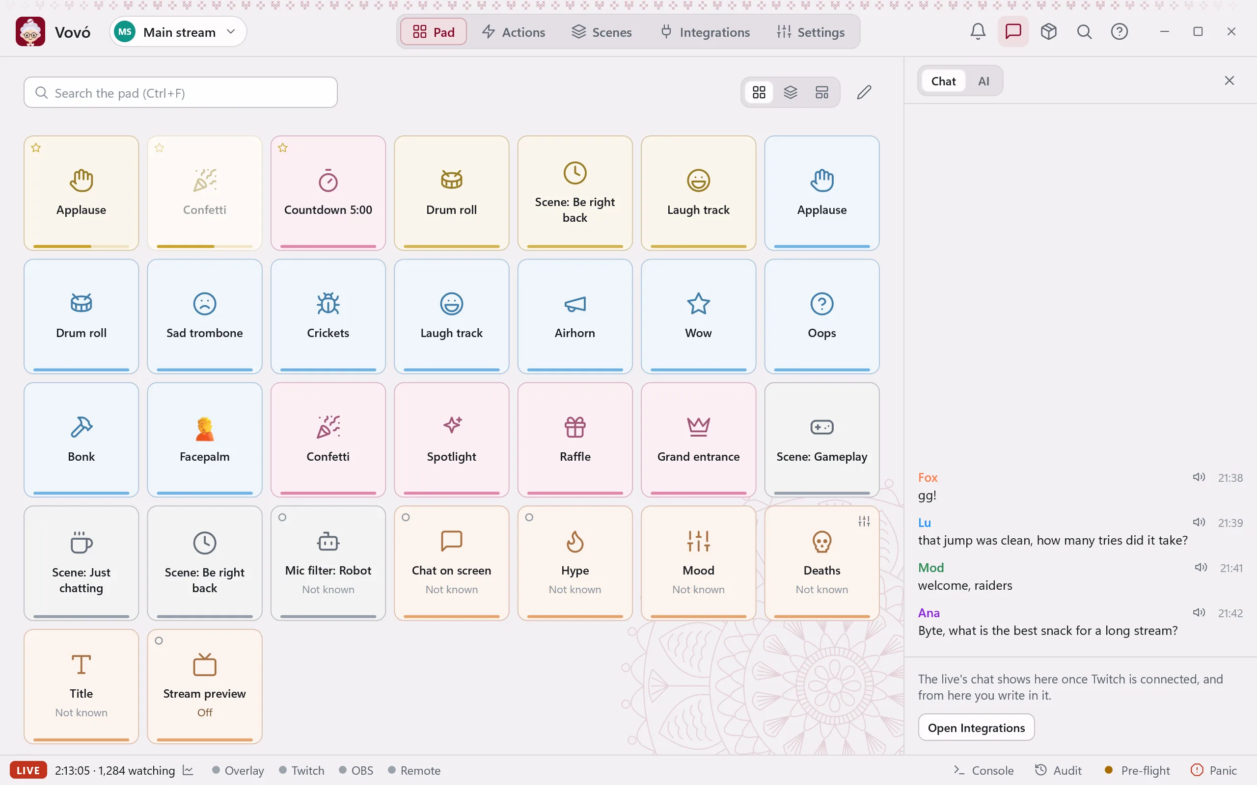 Vovó's window: the pad with its buttons in coloured groups, the live's chat beside it and LIVE in the status bar.