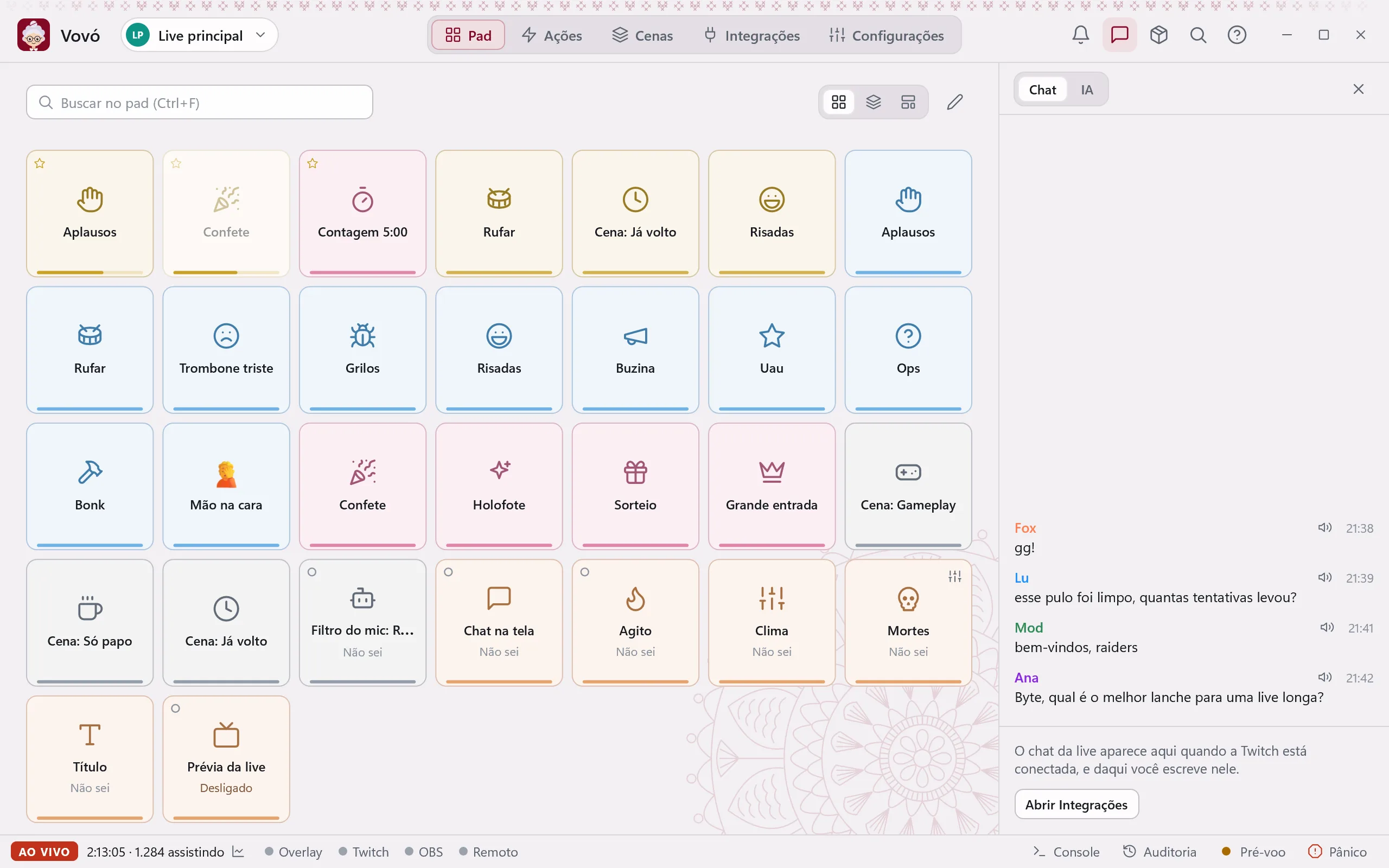A janela da Vovó: o pad com os botões em grupos coloridos, o chat da live ao lado e o AO VIVO na barra de status.