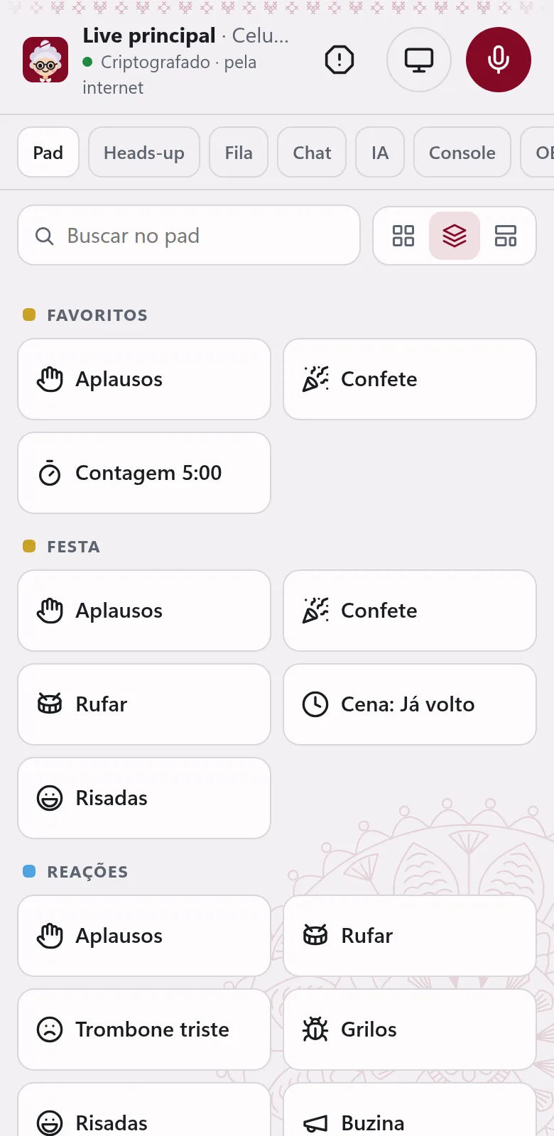 O pad no celular, por grupos.